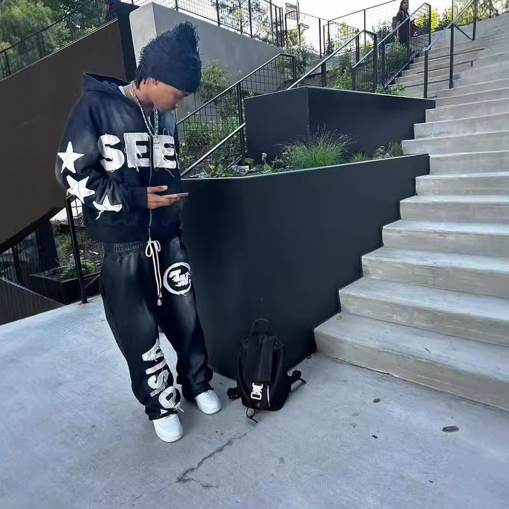 Y2K Langarm Pullover Hoodie Hose Set Sweatshirt Jacke personalisiert bedrucktes Muster Streetwear Schuloutfit Hip-Hop Punk