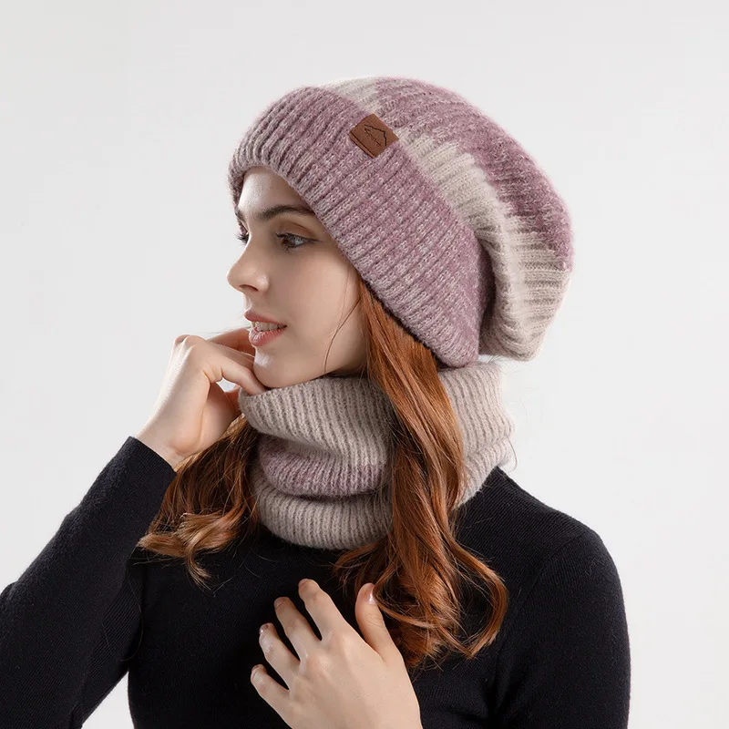 2 pezzi/set cappello Beannie da donna più cappello pullover impilabile lavorato a maglia caldo ispessito in velluto con protezione per le orecchie per l'autunno e l'inverno