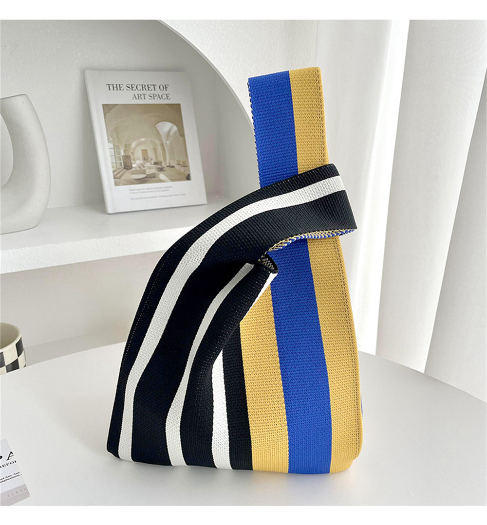 Bolso de mano japonés a rayas finas a cuadros para mujer, Mini bolso de muñeca con nudo, bolso de punto hecho a mano de Color informal, bolso de compras reutilizable, monedero para llaves