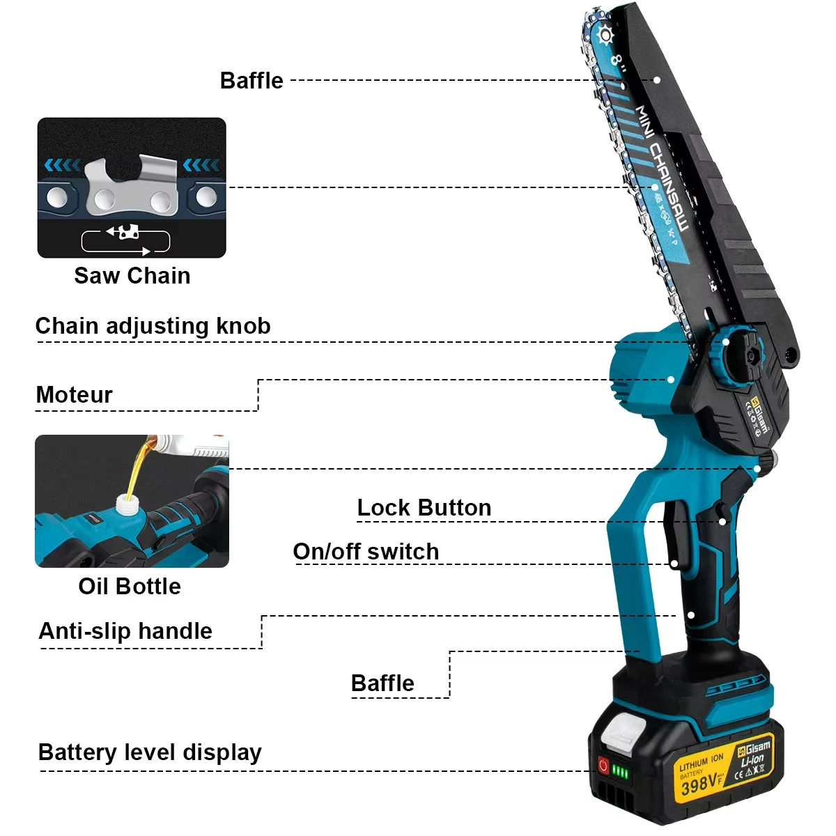 Gisam 8 Inch Brushless Electric Saw Cordless Handheld Garden Wood Logging Pruning Chainsaw Power Tools for Makita 18V Battery