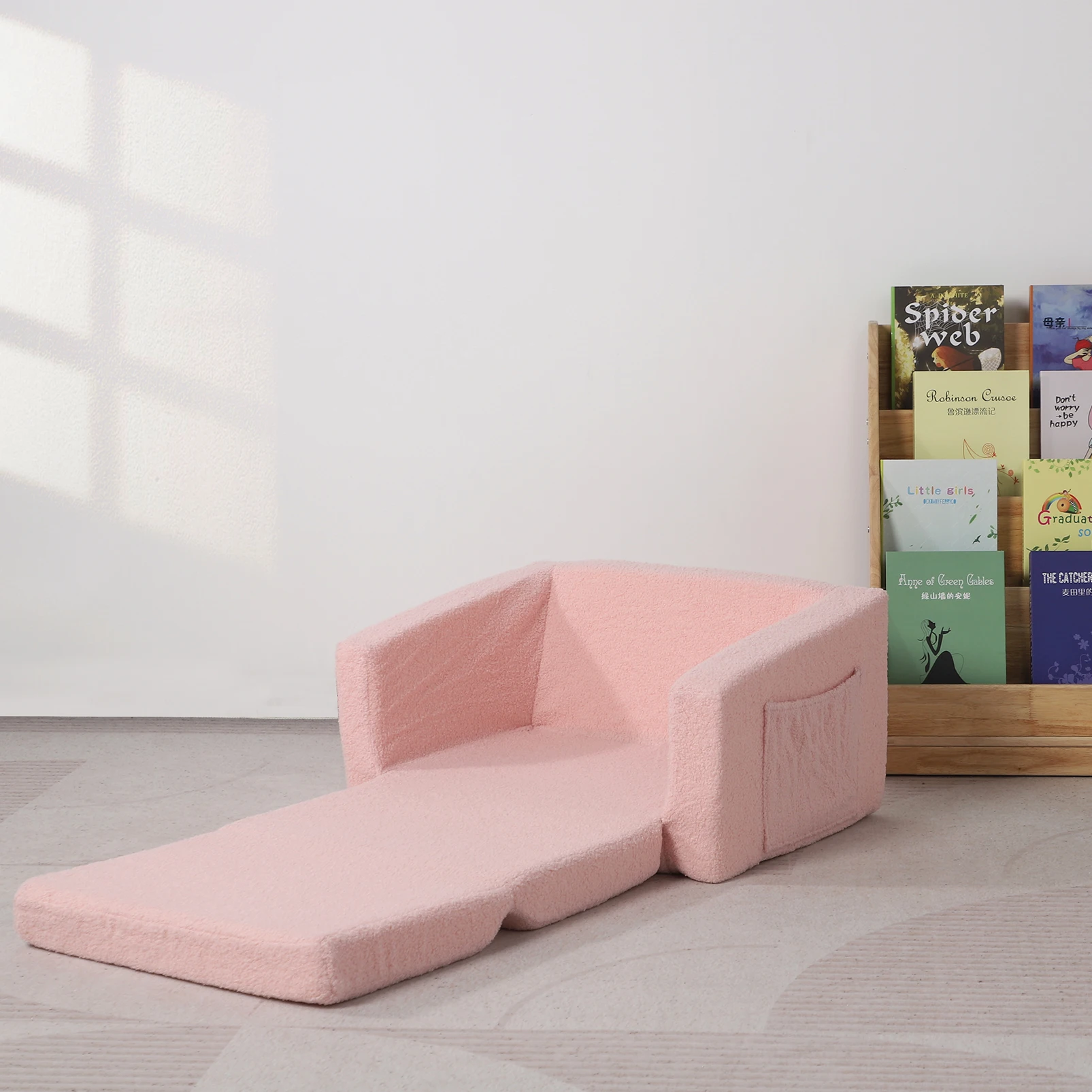 Sofá dobrável infantil, cadeira de descanso para assento infantil com capa sherp, espuma 2 em 1 sofá pequeno conversível para crianças pequenas