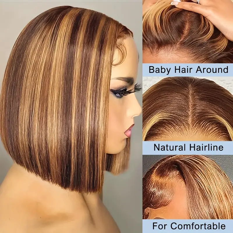 Rechte Korte Bob Pruik Hoogtepunt 4/27 13x4 Kant Frontale Menselijk Haar Bob Pruiken Bruin Blond Transparant Kant voor Menselijk Haar Pruik