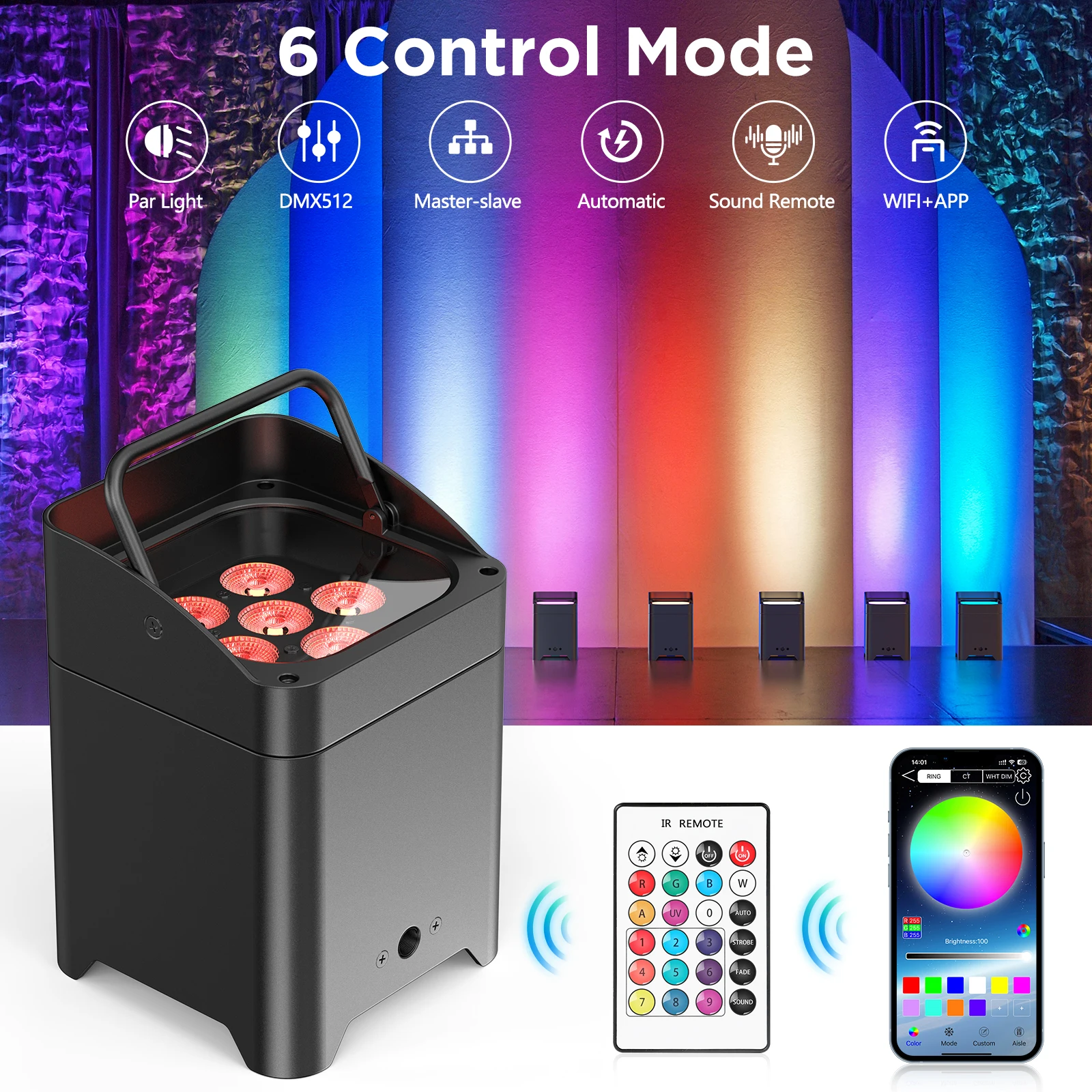 U'King 4PCS 6x18W 6 in 1 RGBAW+UV Par Light Wireless Remote Control LED Battery Light for Disco DJ Bar Party Concert Stage Light