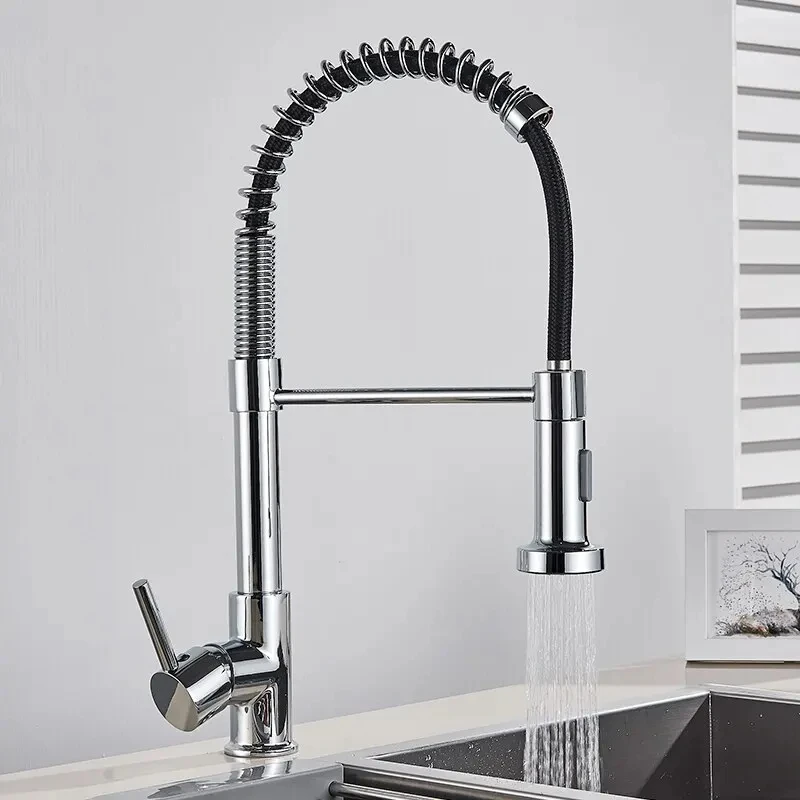 Grifo extraíble de latón para cocina, mezclador de agua fría y caliente con boquilla de doble modo cromado, con resorte, color negro mate