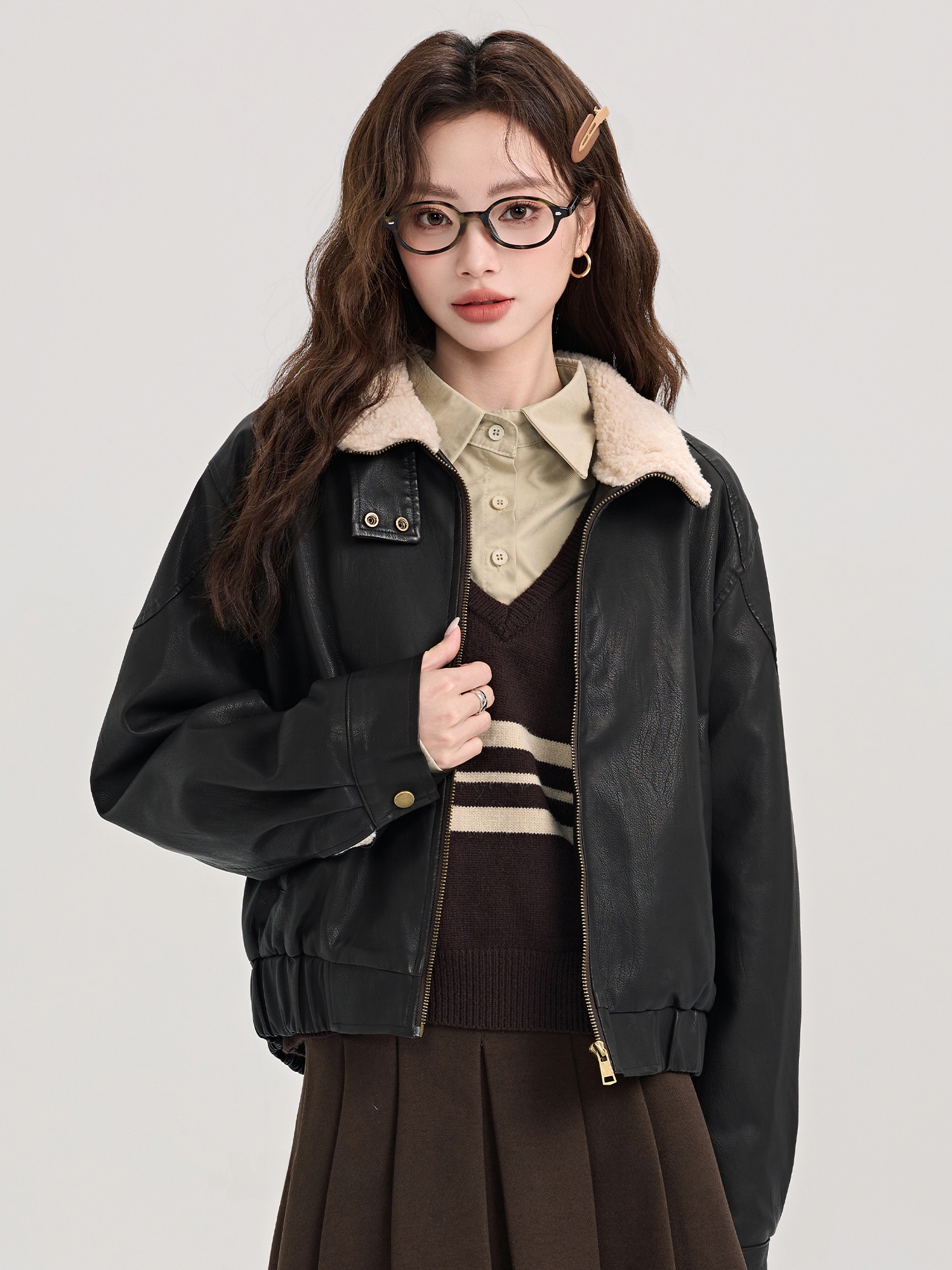 American Sle Short Leather Jacket Women's Biker Clothes Fur And Leather Integrated Autumn Winter High Sensation Miniature M...