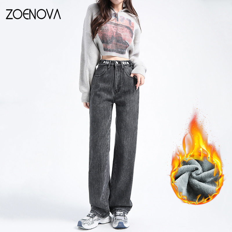 ZOENOVA, pantalones vaqueros cálidos Y2K para mujer, Otoño Invierno, pantalones vaqueros de pierna ancha rectos gruesos de terciopelo, pantalones holgados de cintura alta de lana a la moda para mamá