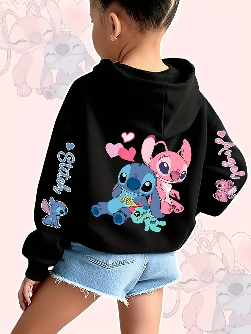 2025 Disney Felpe con cappuccio Moda Stitch Angelo Mostro Tasca Felpa Pullover Felpe carine Ragazze Bambini Felpa Cartoon Top Y2k