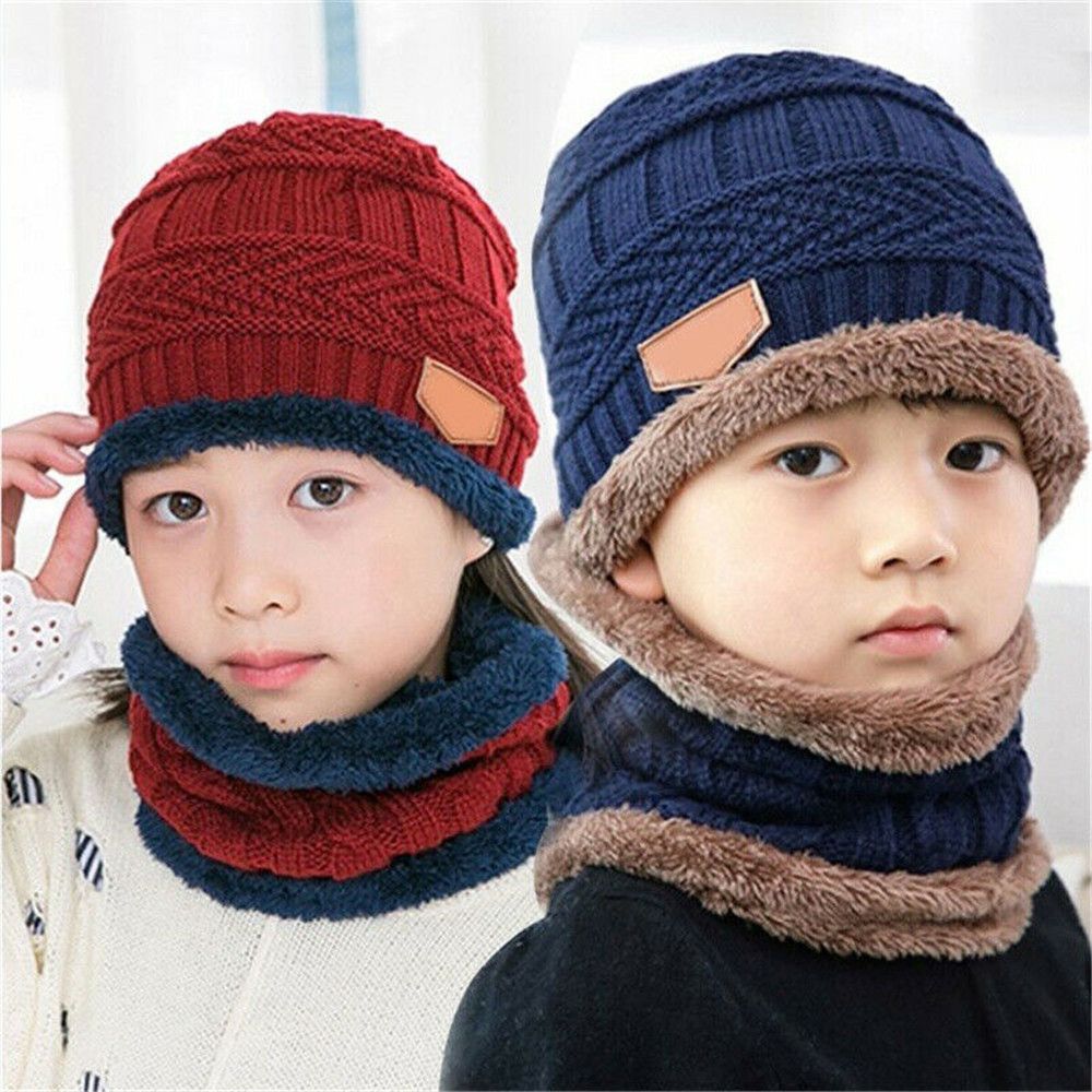 Kinder Winter Sjaal Muts Set Mode Muts Warme Muts Sjaal Set Hals Cover Fleece Gebreide Dikke Ski Pet Warme Bivakmuts