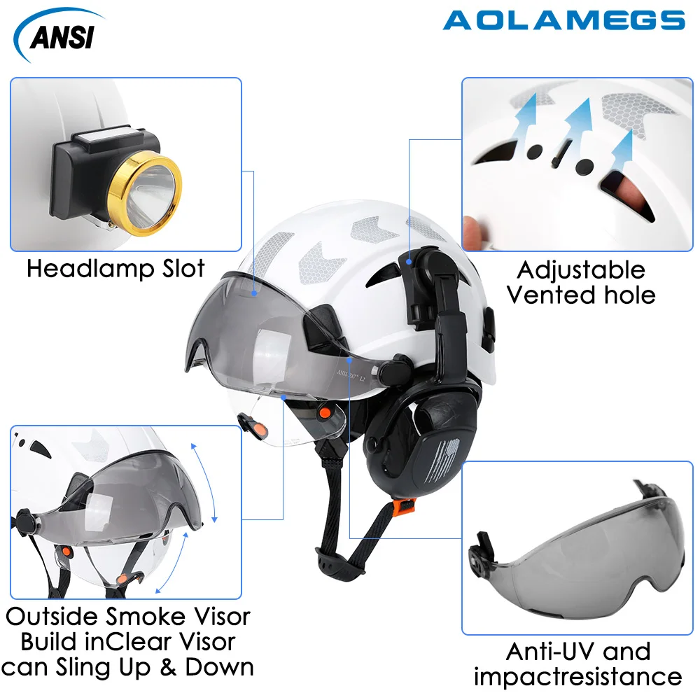 CE Construction Safety Helmet With Visor Built In Goggles Earmuffs Reflective Stickers For Engineer ABS Hard Hat ANSI Industrial