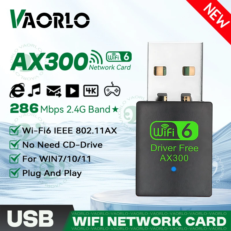 VAORLO WIFI 6 USB-Adapter AX300 Netzwerkkarte Mini-USB-Dongle 2,4 GHz 802.11AX Wireless-Dongle-Empfänger für Win 7/10/11 Drive Free