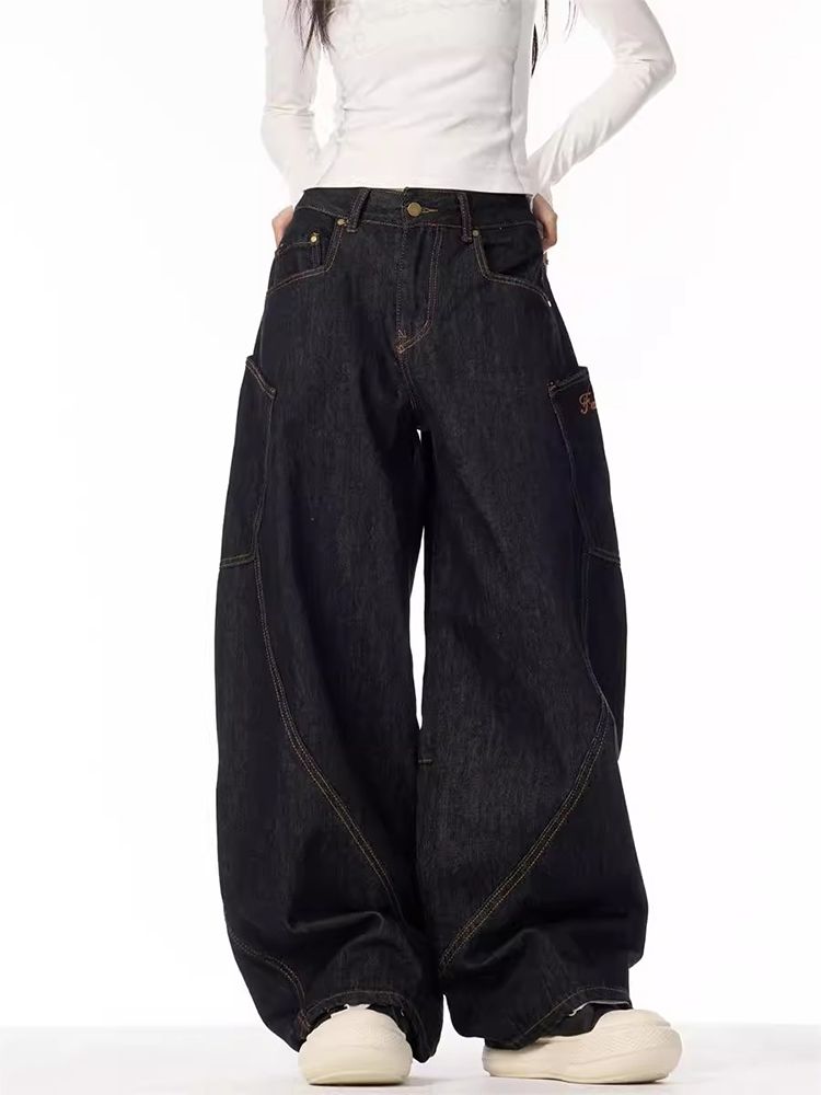 HOUZHOU Vintage Grunge Y2k Jeans Frauen High Street Schwarz Baggy Denim Hosen Breite Punk Casual Gerade Übergroße Denim Hosen