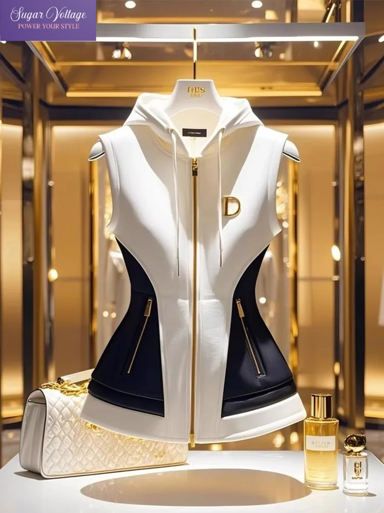 Новый весенний французский элегантный элитный жилет с капюшоном, женское пальто контрастного цвета на молнии, тонкая куртка, темпераментная женская повседневная верхняя одежда