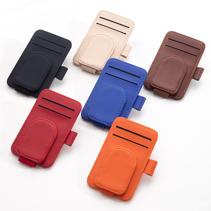 多機能PUレザーサンバイザーホルダー、クリエイティブサンバイザー、サングラス収納ケース、磁気クリップ、ペンカード