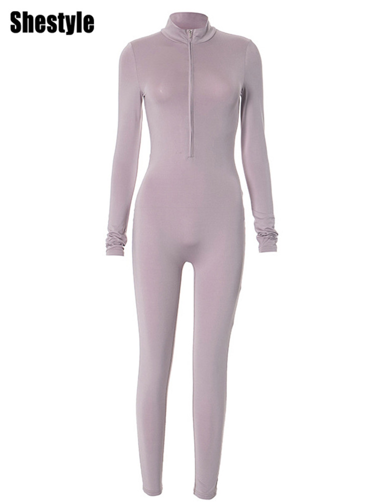 Shestyle Solidผู้หญิง 2025 ฟิตเนสBodycon JumpsuitซิปFly Mockคอออกกําลังกายเสื้อผ้าHipsterสีม่วงเซ็กซี่ยืดสไตล์