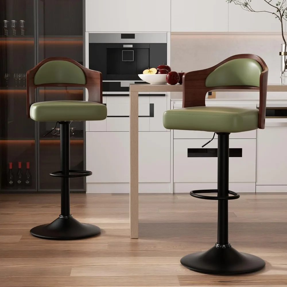 Swivel Bar Stools Set of 2 Seat Adjustable Height 24.5-33.5IN, Wooden Barstools PU Leather Upholstered Bar Chairs with Back & Fo