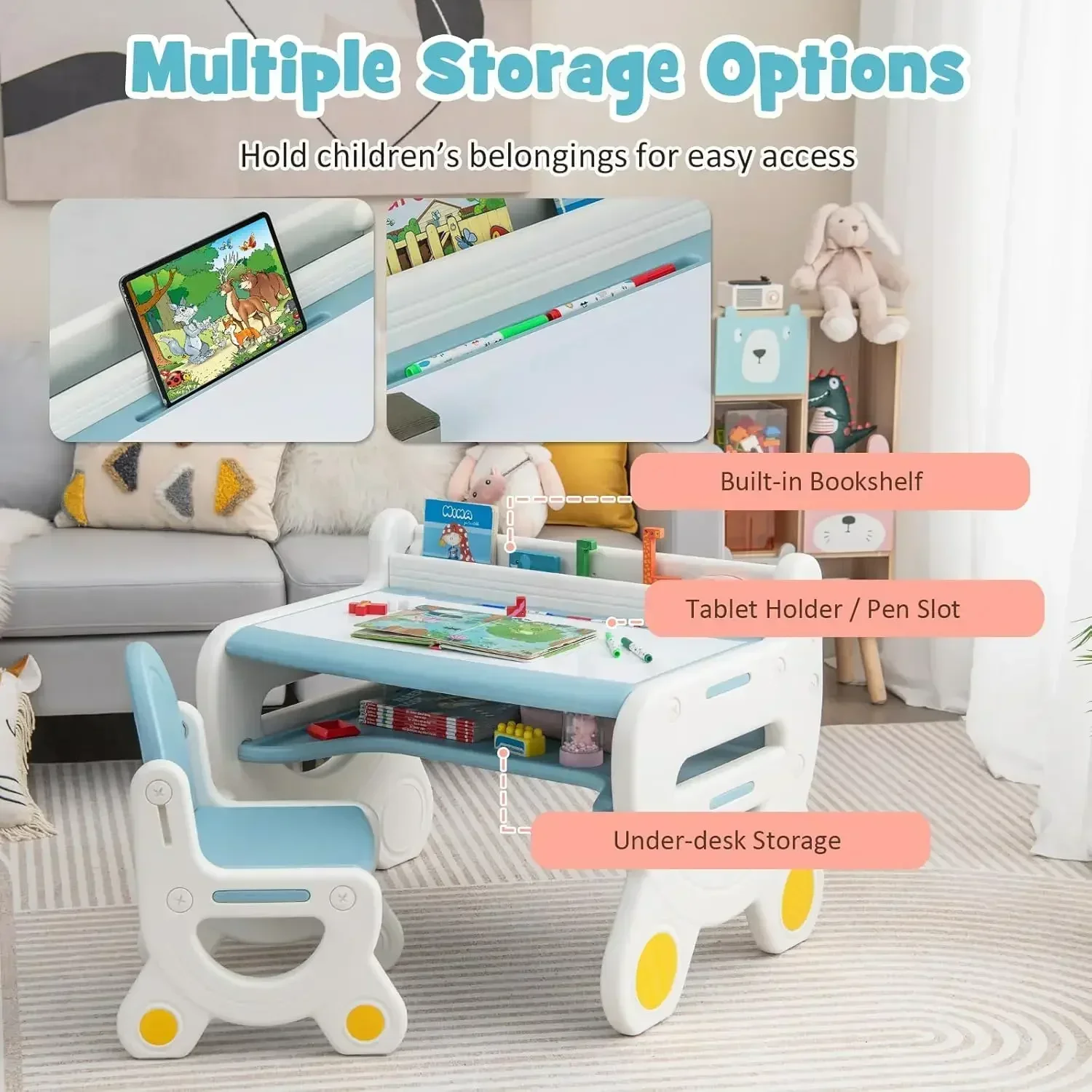 Kids Table and Chair Set, Plastic Children Activity Table with Chair, Toddler Table and Chair Set for Reading,Drawing,Snack Time