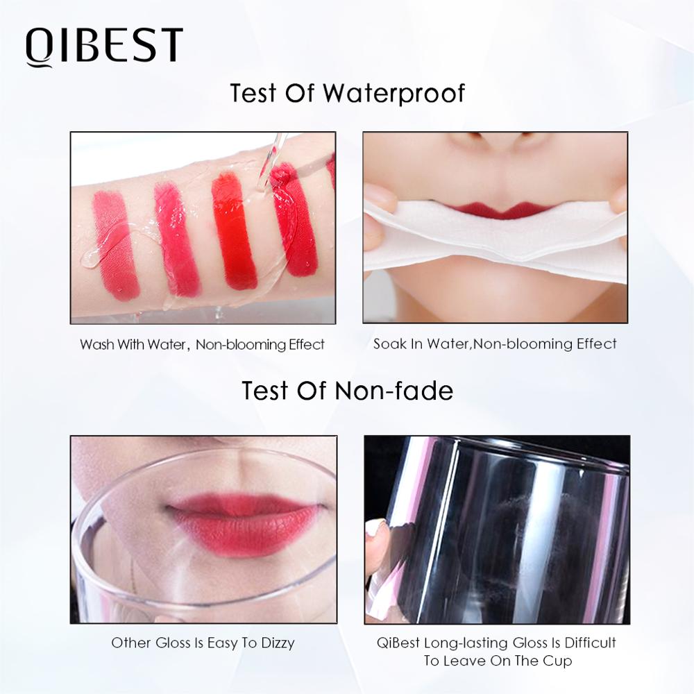 QIBEST-brillo de labios mate de terciopelo para mujer, lápiz labial líquido, belleza, rojo, desnudo, resistente al agua, maquillaje de manchas de labios de larga duración