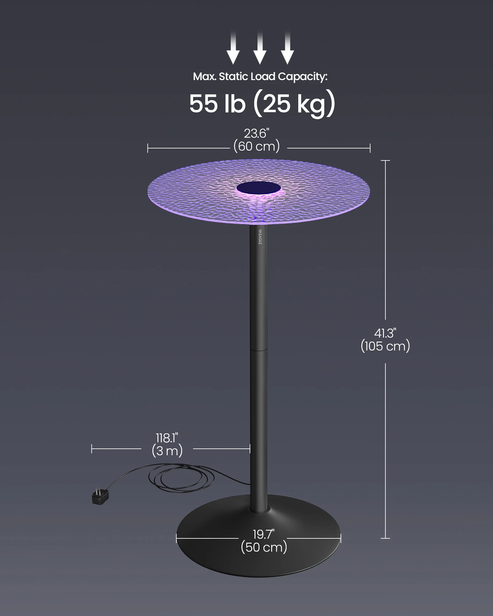 VASAGLE Bar Table, Round Cocktail Table with Multi-Colored Lights and Glass Top, Large Steel Base