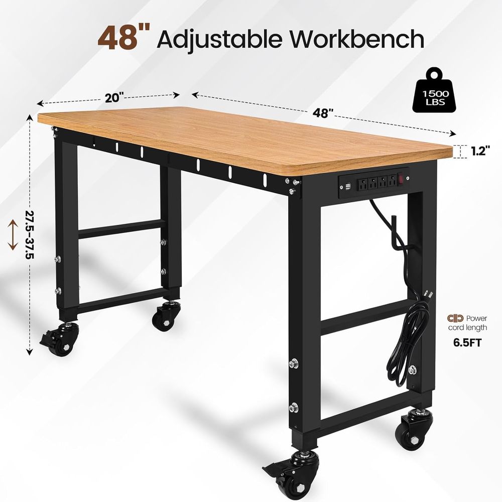 48" Adjustable Workbench with Power Outlet, Work Table with Wheels 1500 LBS Rubber Wood Workstation or Garage, Workshop, Oice, H