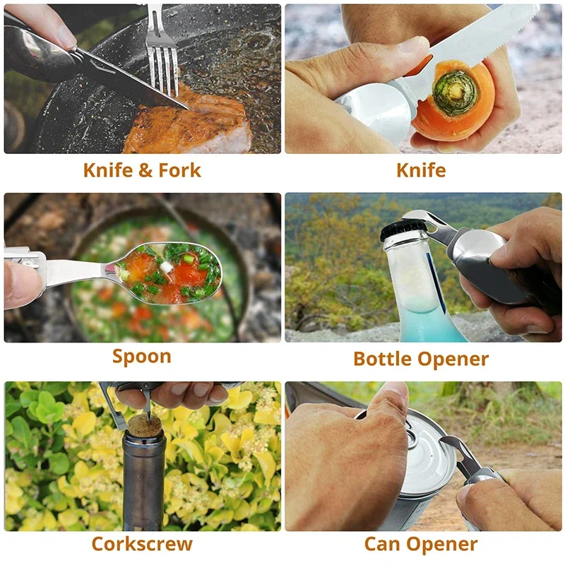 พับช้อนส้อม Multi-Function แบบพกพามีดช้อนส้อมที่เปิดขวดที่เปิด Camping อุปกรณ์สําหรับปิกนิก