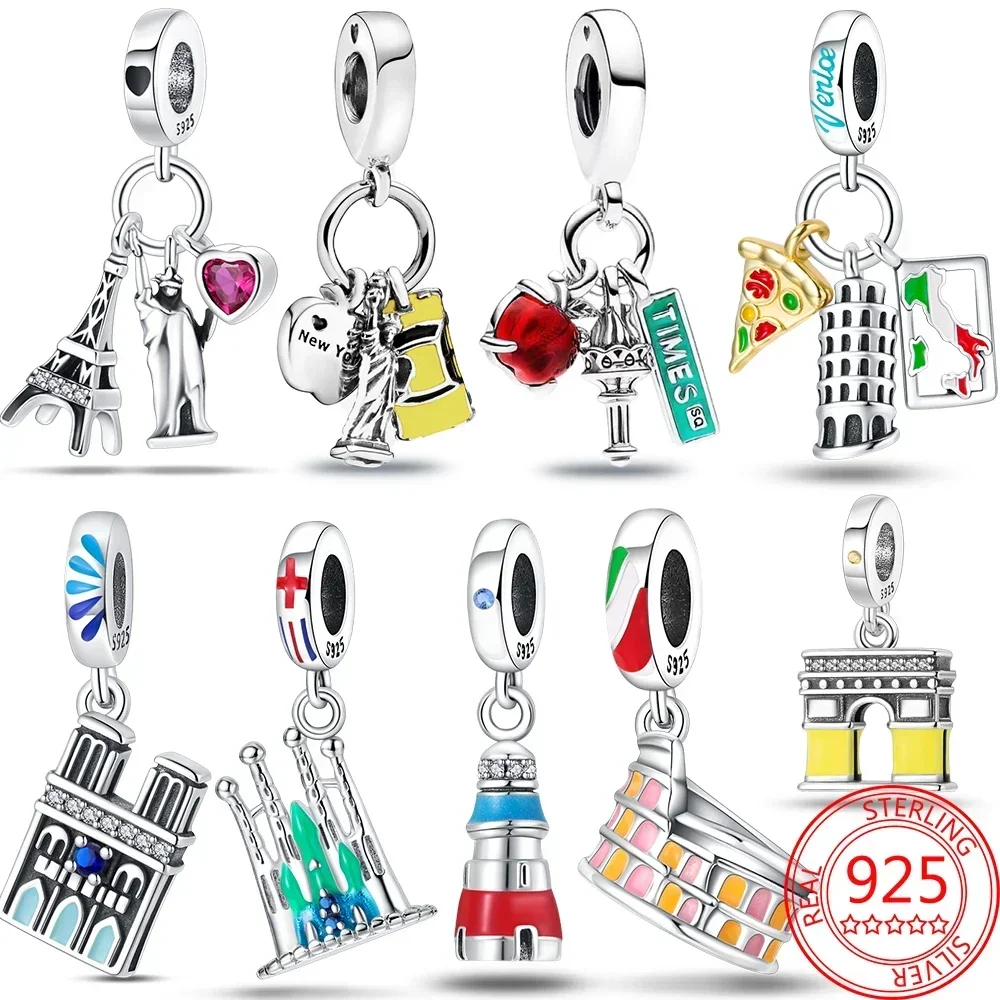 Auténtica Plata de Ley 925 viaje en coche Estatua de la libertad de Nueva York encanto con cuentas apto para pulsera Pan fabricación de joyas DIY