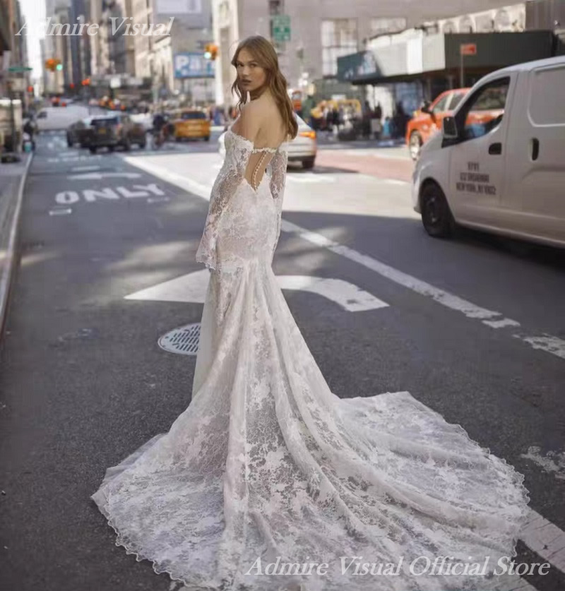 Newest Wedding Dresses Lace Mermaid Long Sleeves Off The Shoulder With Illusive Back Customized Bride Gowns Vestidos De Novia