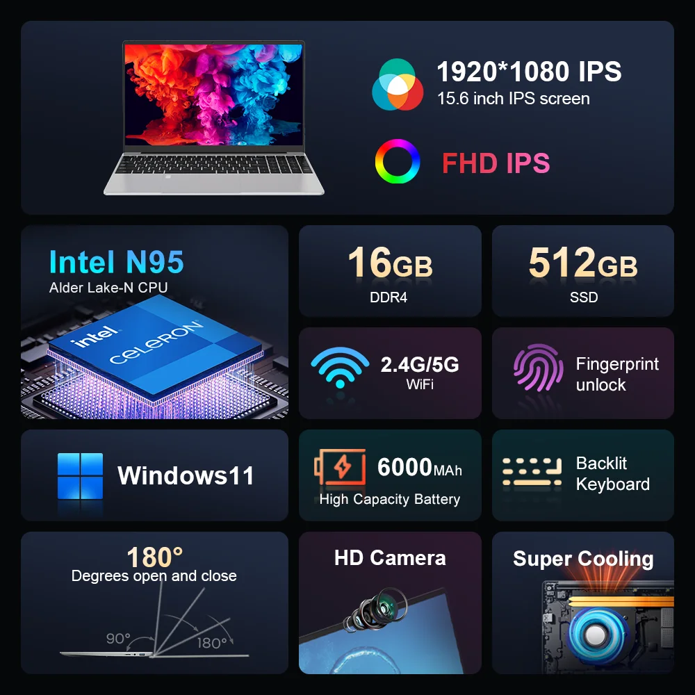 Ninkear N15 Air Laptop 15.6 "FHD IPS 16GB DDR4 512GB SSD Intel N95 tastiera retroilluminata 180 ° flip Windows 11 Notebook per Computer da ufficio
