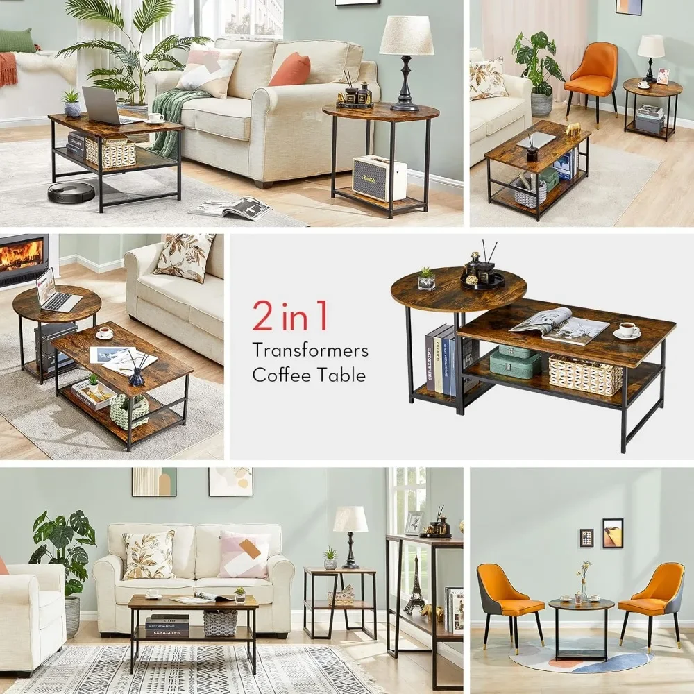 Couchtisch, Mid-Century Modern Couchtisch für Wohnzimmer, rustikaler Bauernhaus-Mitteltisch, 2-in-1 abnehmbares Tischset, R