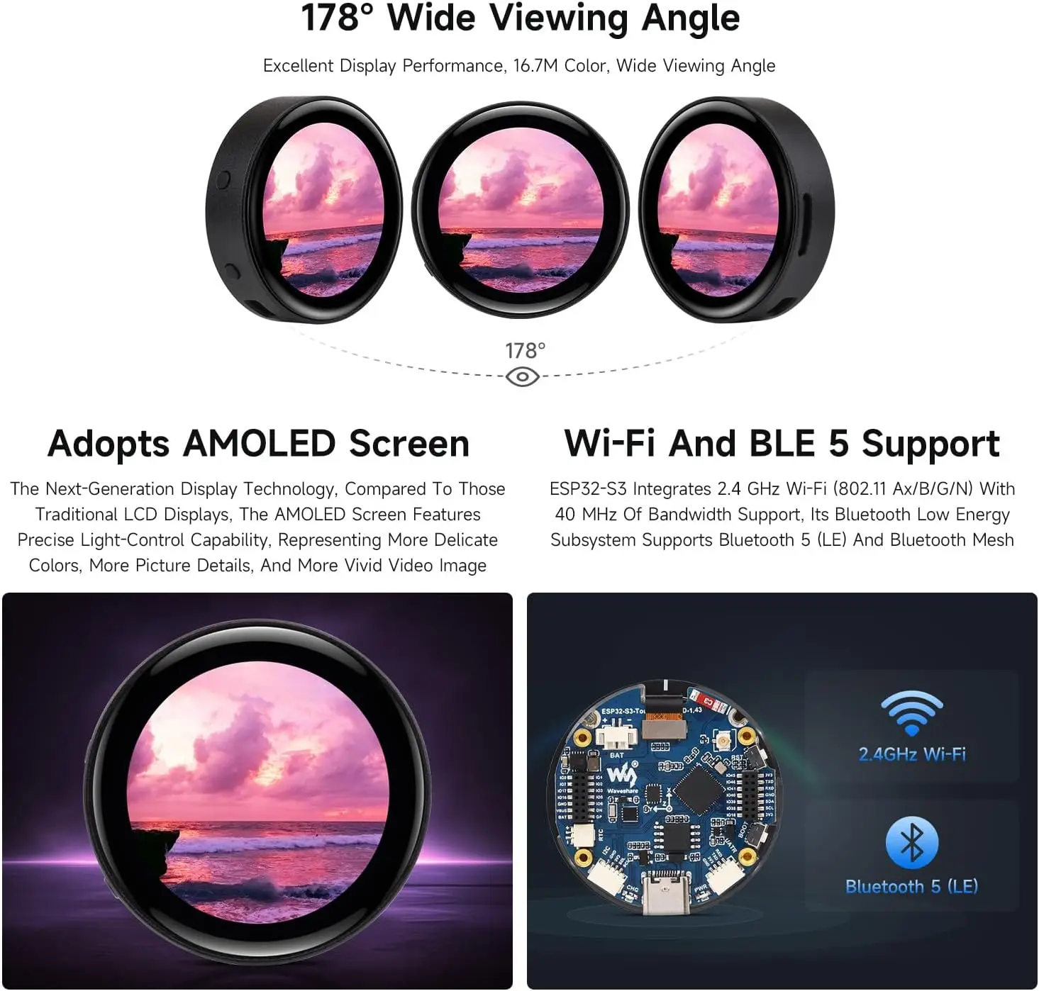 Waveshare ESP32-S3 1,43-дюймовый AMOLED сенсорный экран макетная плата 466x466 круглый дисплей ESP32 дисплей HMI LVGL GUI развитие