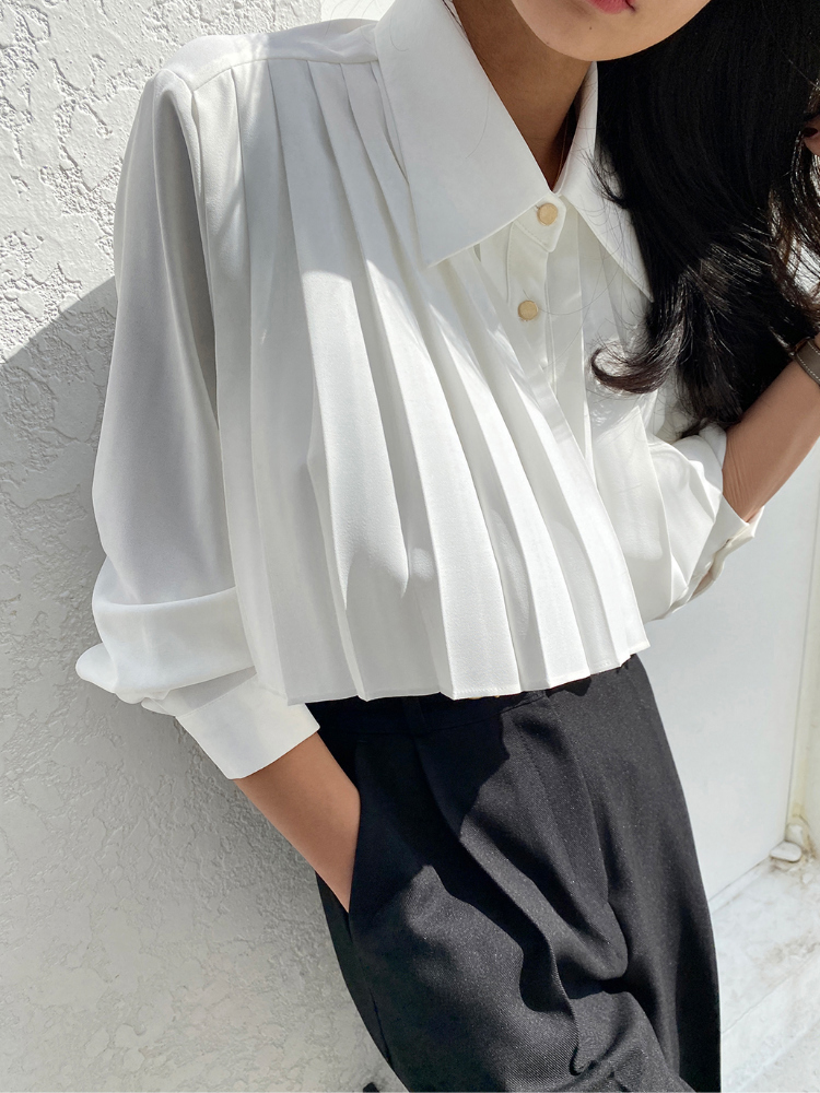 Black Pleated High Waist Women's Polo Shirt Spring Design Short Sle Versatile Top Korean Version Commute Long Sleeve Shirt