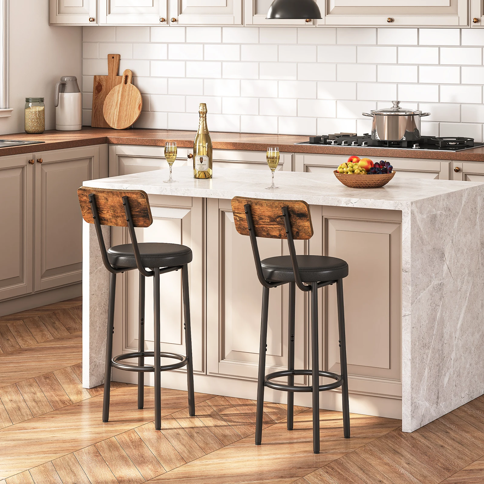 HOOBRO Bar Stools Bar Stools Set of 2 with PU Upholstered Bar Chairs with Footrest and Back  26" Bar Stools for Kitchen Island