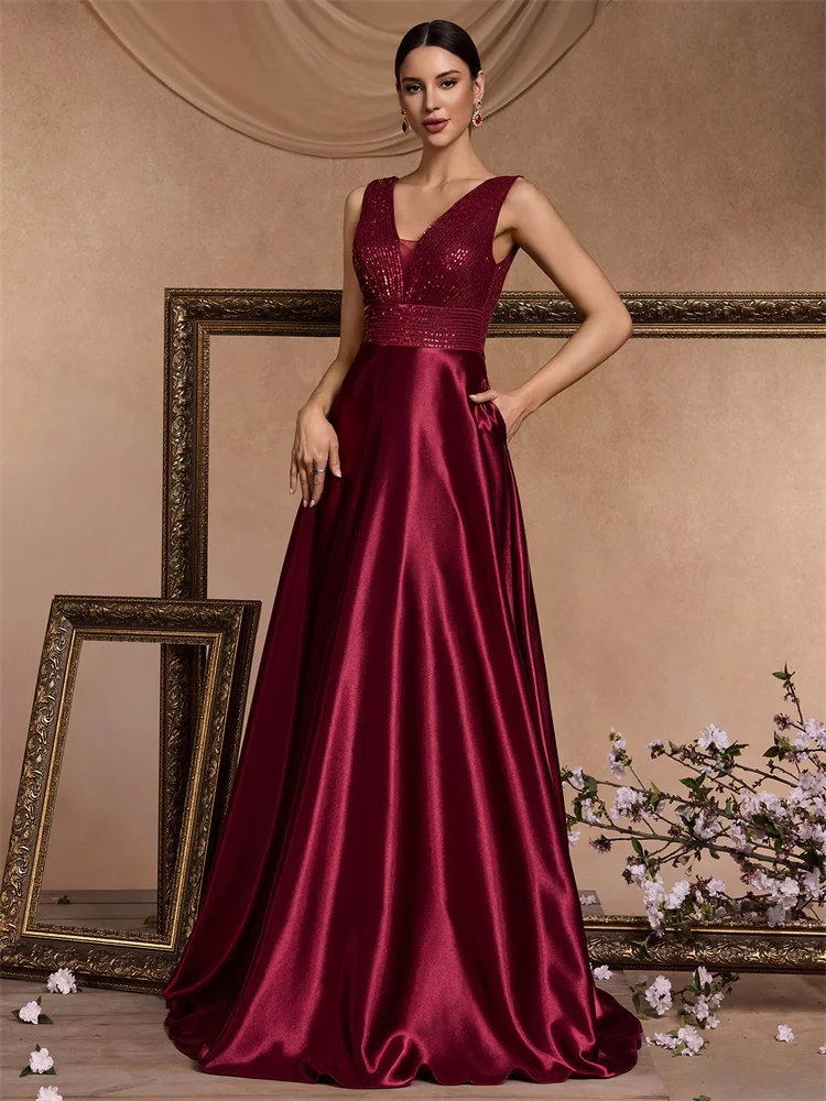 Lucyinlove Elegant Sequins ชุดราตรีสําหรับผู้หญิง 2024 ลึก V คอซาตินพรหมปาร์ตี้ชุดสีเขียวความยาวชั้นสีฟ้า Gowns อย่างเป็นทางการ