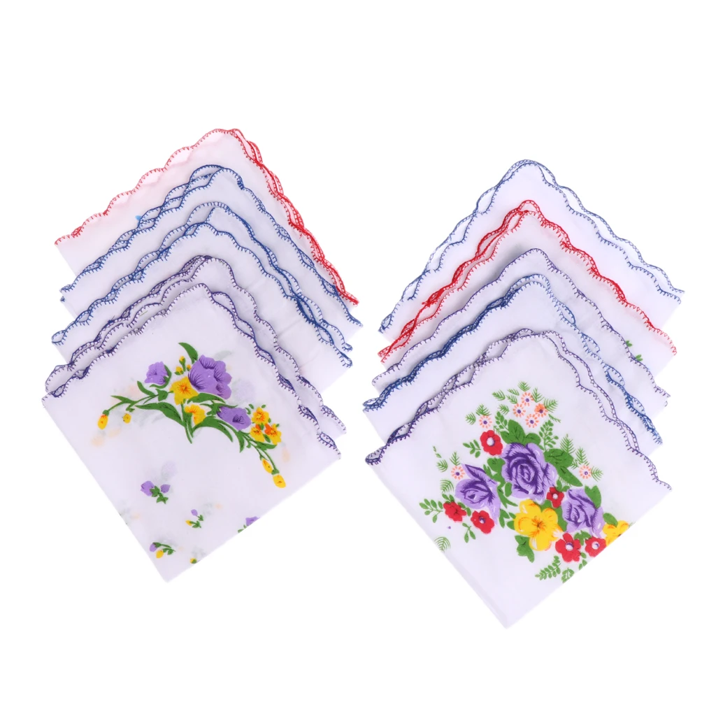 10 ชิ้นผู้หญิงผ้าฝ้ายผ้าเช็ดหน้าสีขาวสารพันดอกไม้ที่มีสีสันของขวัญ