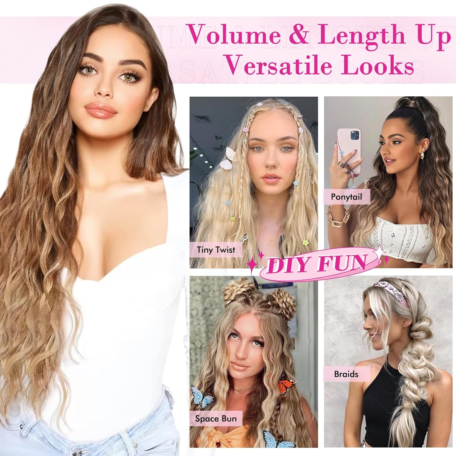 Extensões sintéticas de cabelo com clipe ajustadas para mulheres, cabelo encaracolado, peruca longa, milho preto natural, estilo ondulado, 20 ", 6pcs