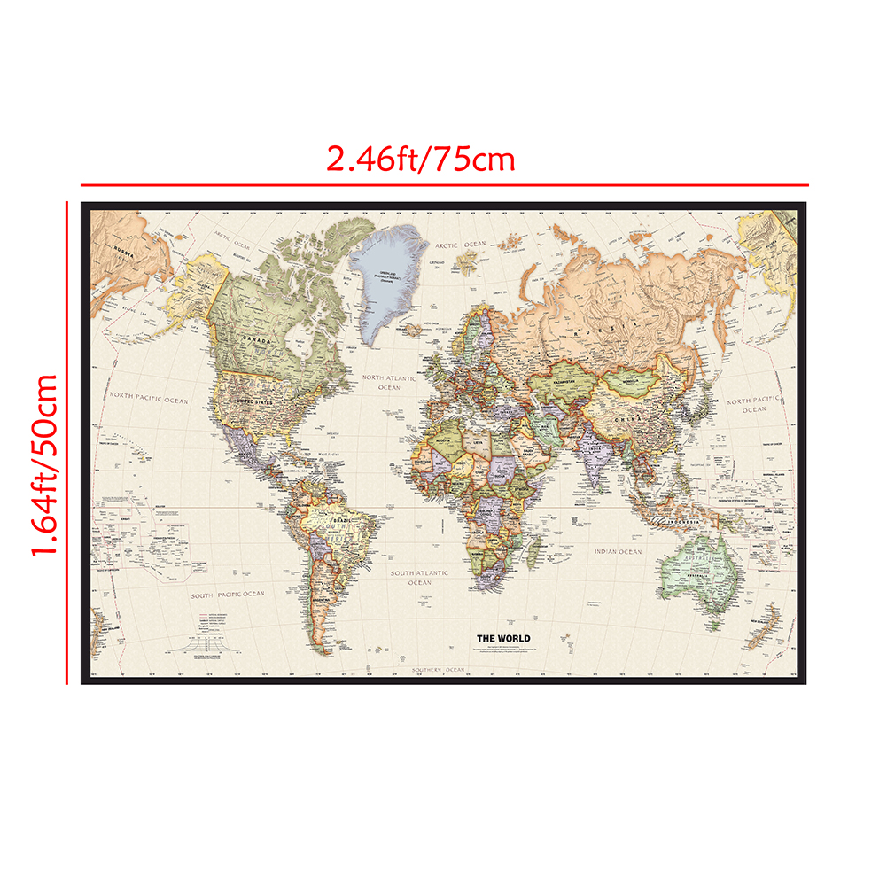 世界地図 75*50 センチメートル詳細ヴィンテージキャンバス絵画アートポスター学用品リビングルームの家の装飾画像