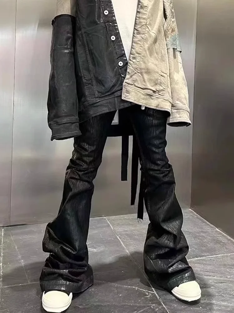 Ropa de calle, pantalones vaqueros elásticos de cuero encerado negro para Hombre, Ropa para Hombre, pantalones holgados Y2k acampanados, pantalones vaqueros rectos de gran tamaño