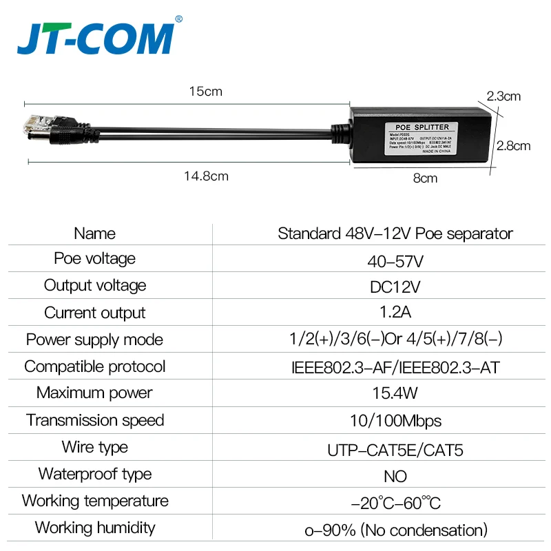 Standard POE Splitter 48V to 5V 12V 1.2A 2A Micro USB tpye-C 100M/1000M POE Camera Injector Power Supply for Huawei Hikvision