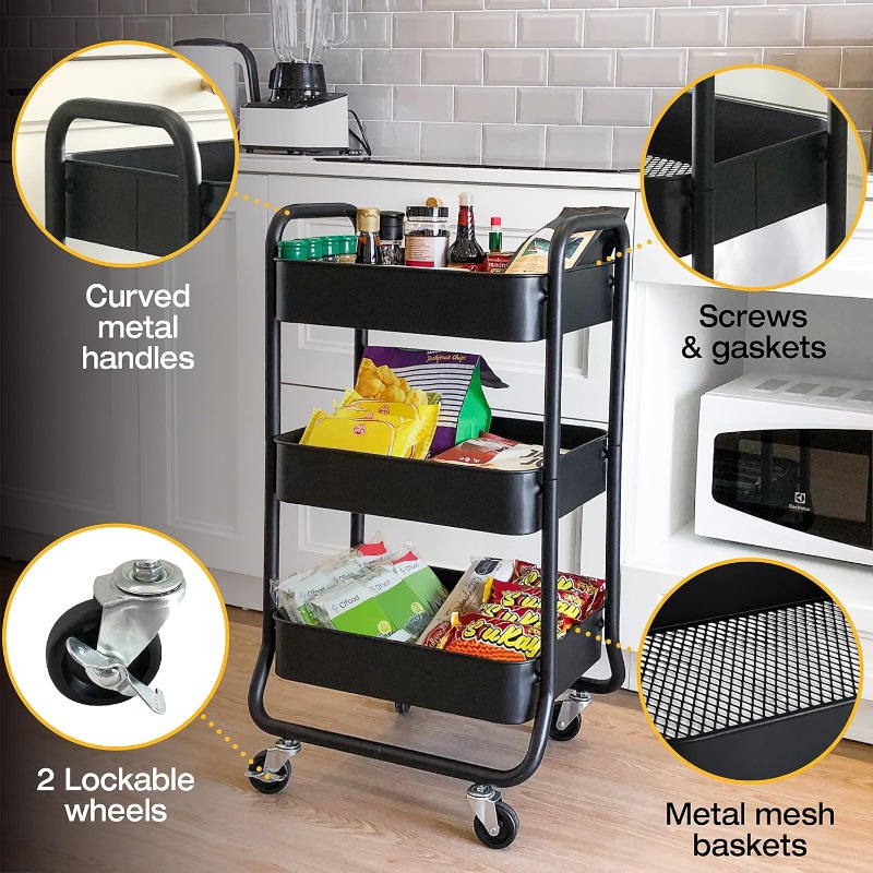 3-Tier Rolling Cart - Heavy Duty Metal Rolling Cart, Lockable Casters, Multifunctional Storage Shelves - Great for Kitchen