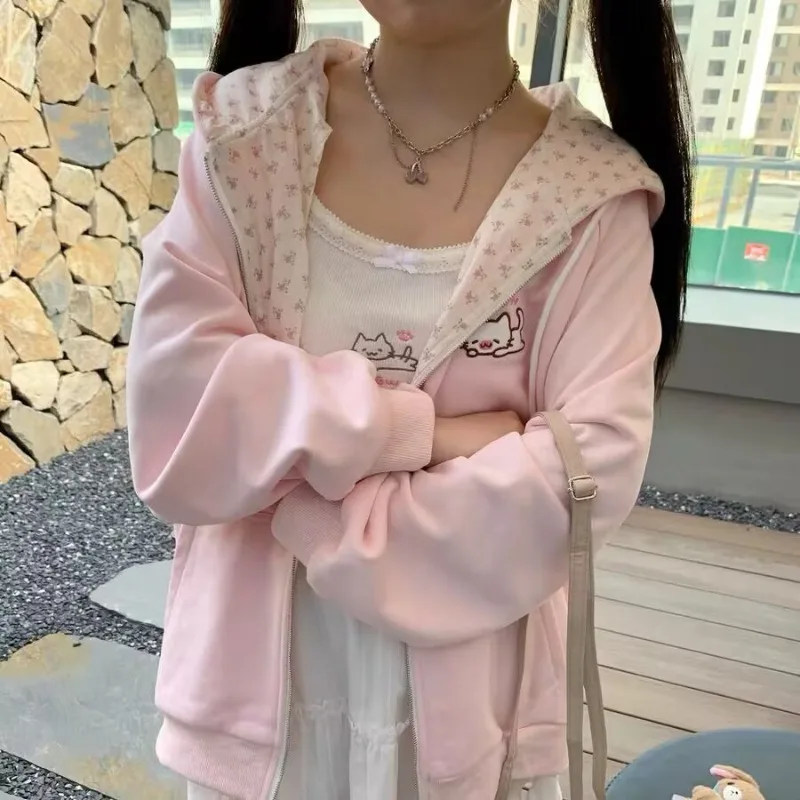 Harajuku coreano kawaii casaco com capuz feminino fino manga longa com zíper cardigan y2k streetwear novas jaquetas soltas de comprimento médio