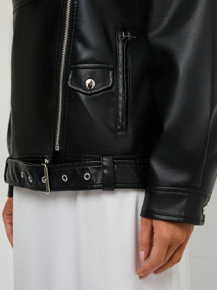 Ailegogo ストリート女性モトバイカールーズ黒 Pu フェイクレザージャケット春秋の女性のジッパーベルトコート生き抜く