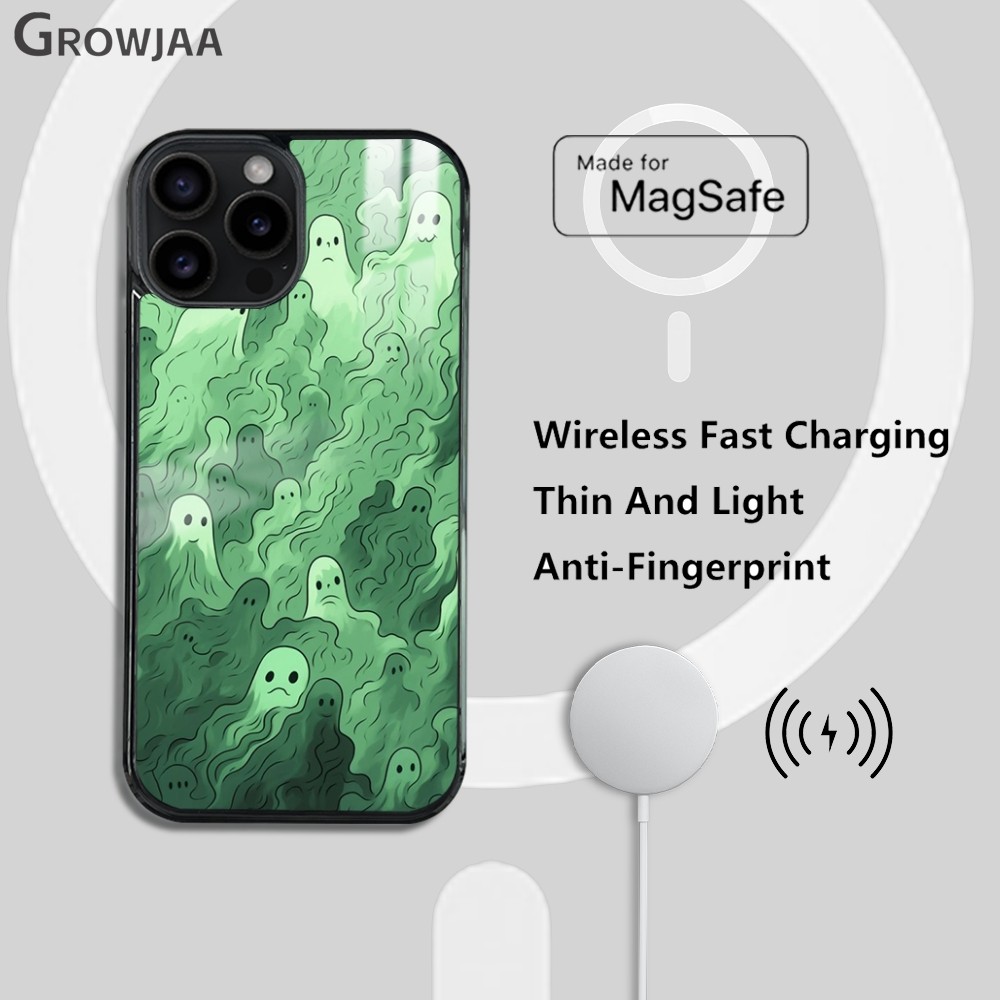 Casing ponsel hijau hantu Magsafe lucu, penutup magnetik nirkabel cermin tahan guncangan Mini untuk iPhone 15 14 13 12 11 Pro Max Plus
