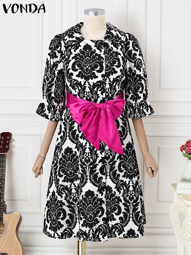 Vonda-女性の膝丈プリントドレス,エレガントなサンドレス,スタンドカラー,リボンベルト,カジュアルドレス,ボヘミアン,ラージサイズ,5xl,2025