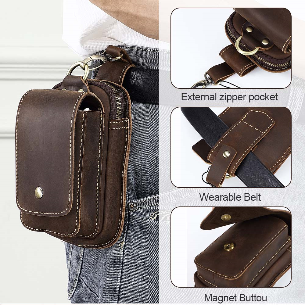 AIGUONIU echt leer retro haakontwerp mobiele telefoon klein heuptasje heupriemtas heren hardloopheuptas heuptasje