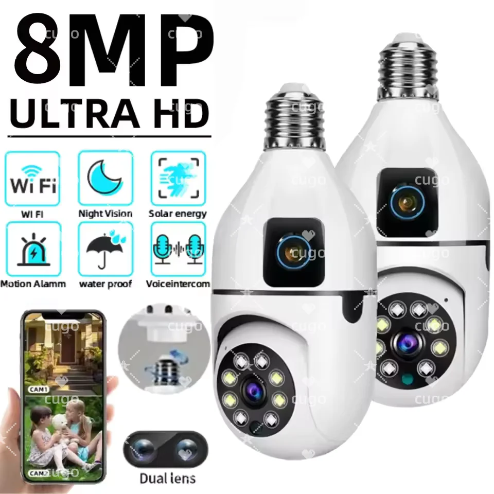 4K 8MP E27 Bulb WIFI Camera Dual Lens Color Night Vision Human Tracking Wireless Two-way Audio Cameras Indoor Surveillance Cam