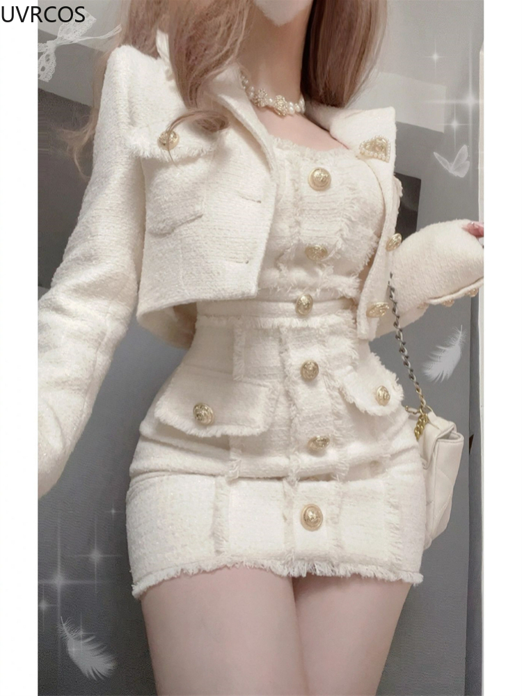 Conjunto de dos piezas Vintage elegante de estilo coreano para mujer, chaquetas cortas de lana dulce, minivestido con diseño de borla, traje, moda femenina