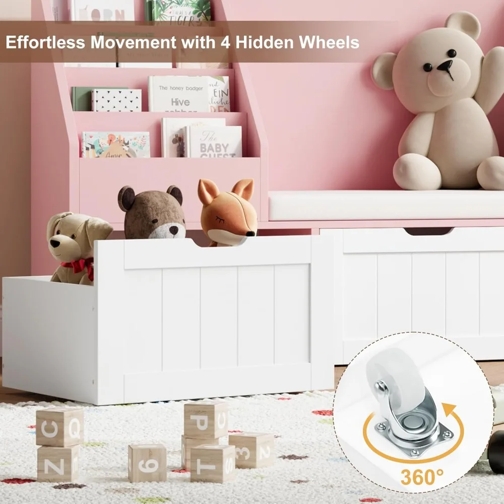 Kids Bookshelf, Toy Storage Organizer with Seat Cushion and 3 Movable Drawers, Kids Reading Nook Toy Organizers and Storage