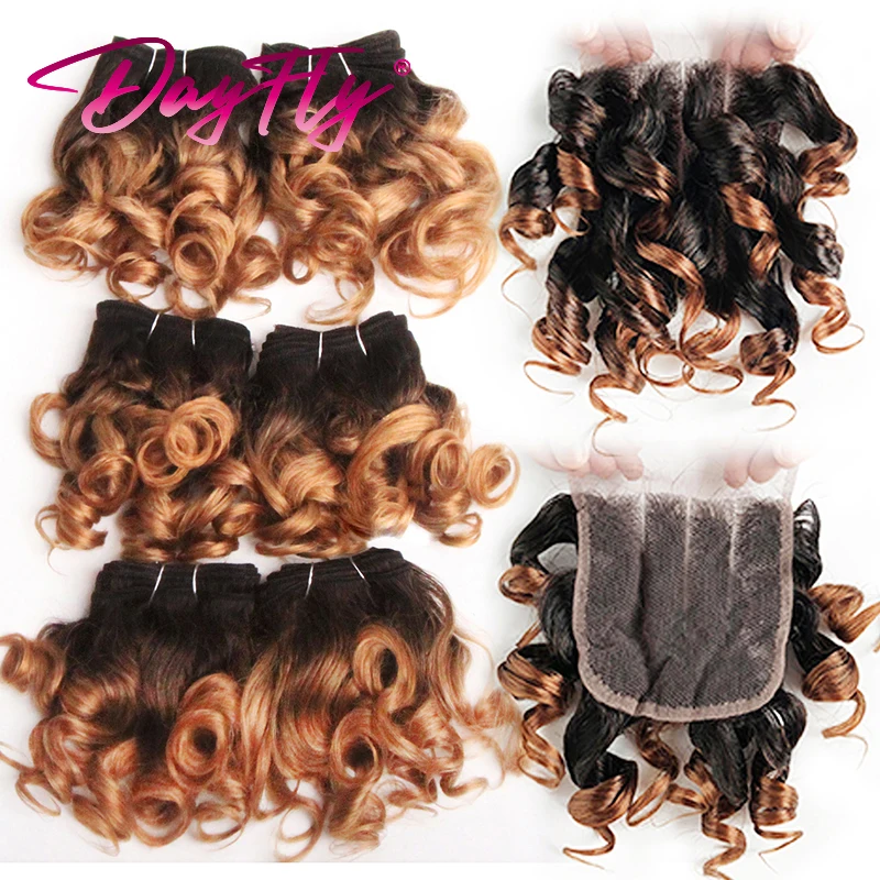 Cabelo brasileiro tecelagem com fecho, pacotes curtos de cabelo humano, Ombre Bouncy Curly Bundles, 4x4, 6 + 1/Lot