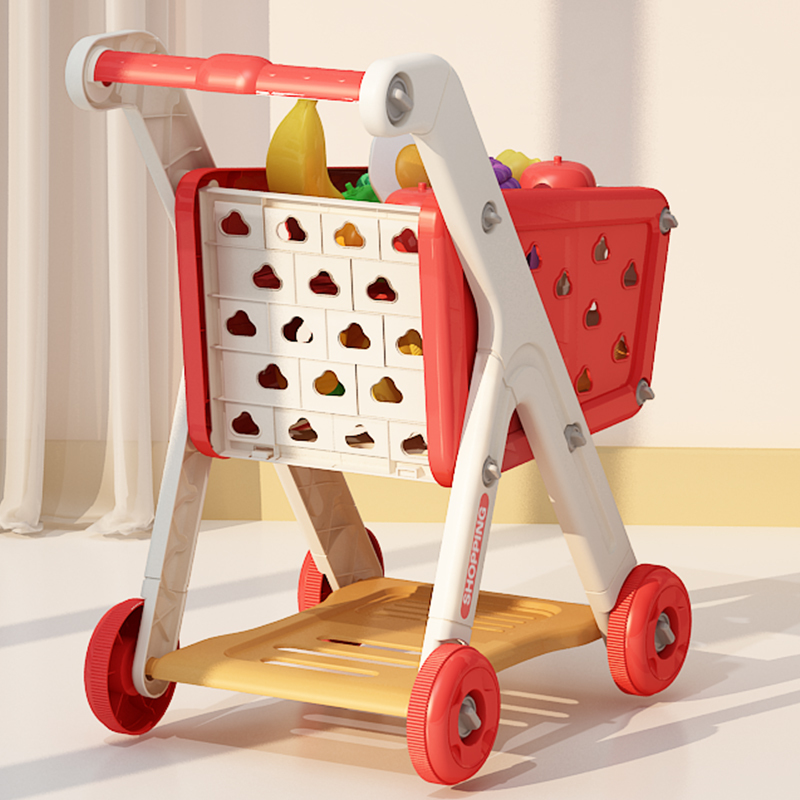 Carrito de compras de juguete para bebé, carrito pequeño para niños, casa de juegos, corte de fruta, música, cocina, supermercado, hombres y niñas