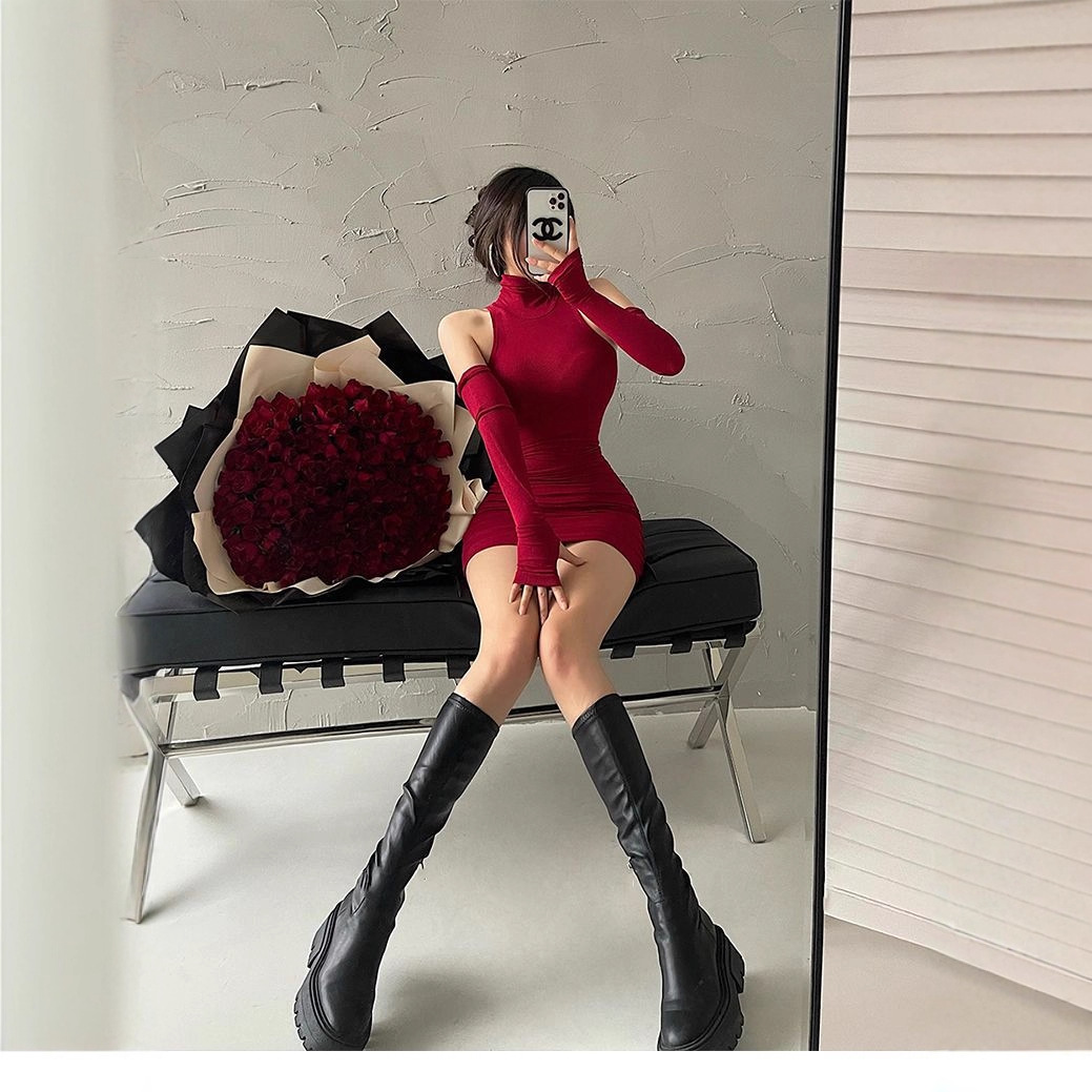 Feminino tempero meninas doce tempero mini vestido sem mangas plissado vestido fino pura luxúria vento pescoço envoltório hip saia vestidos de tanque apertado