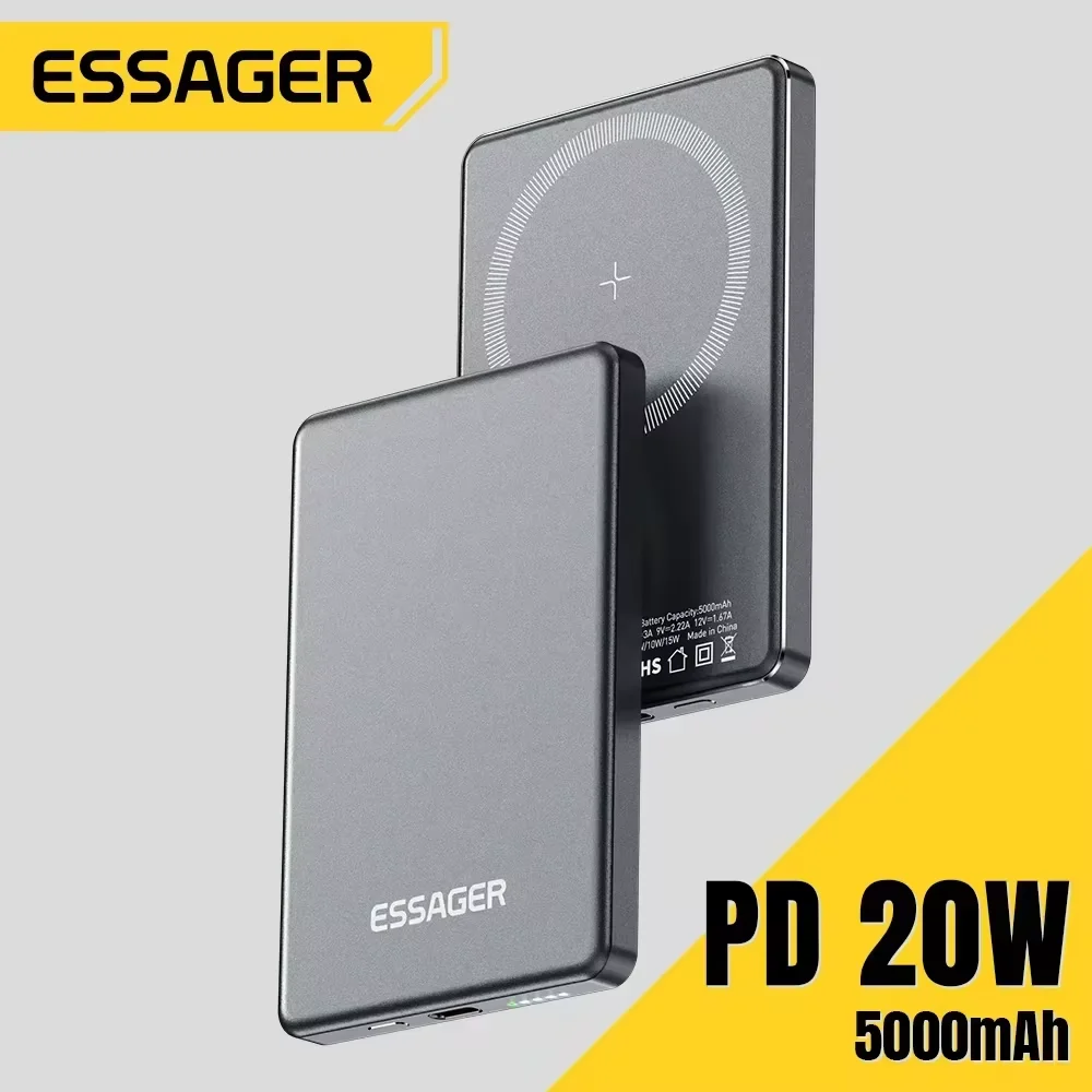 Тонкий беспроводной внешний аккумулятор Essager Power Bank, магнитный, 20 Вт, 5000 мАч, портативный внешний аккумулятор с быстрой зарядкой для Magsafe для iPhone 17 16 15 14